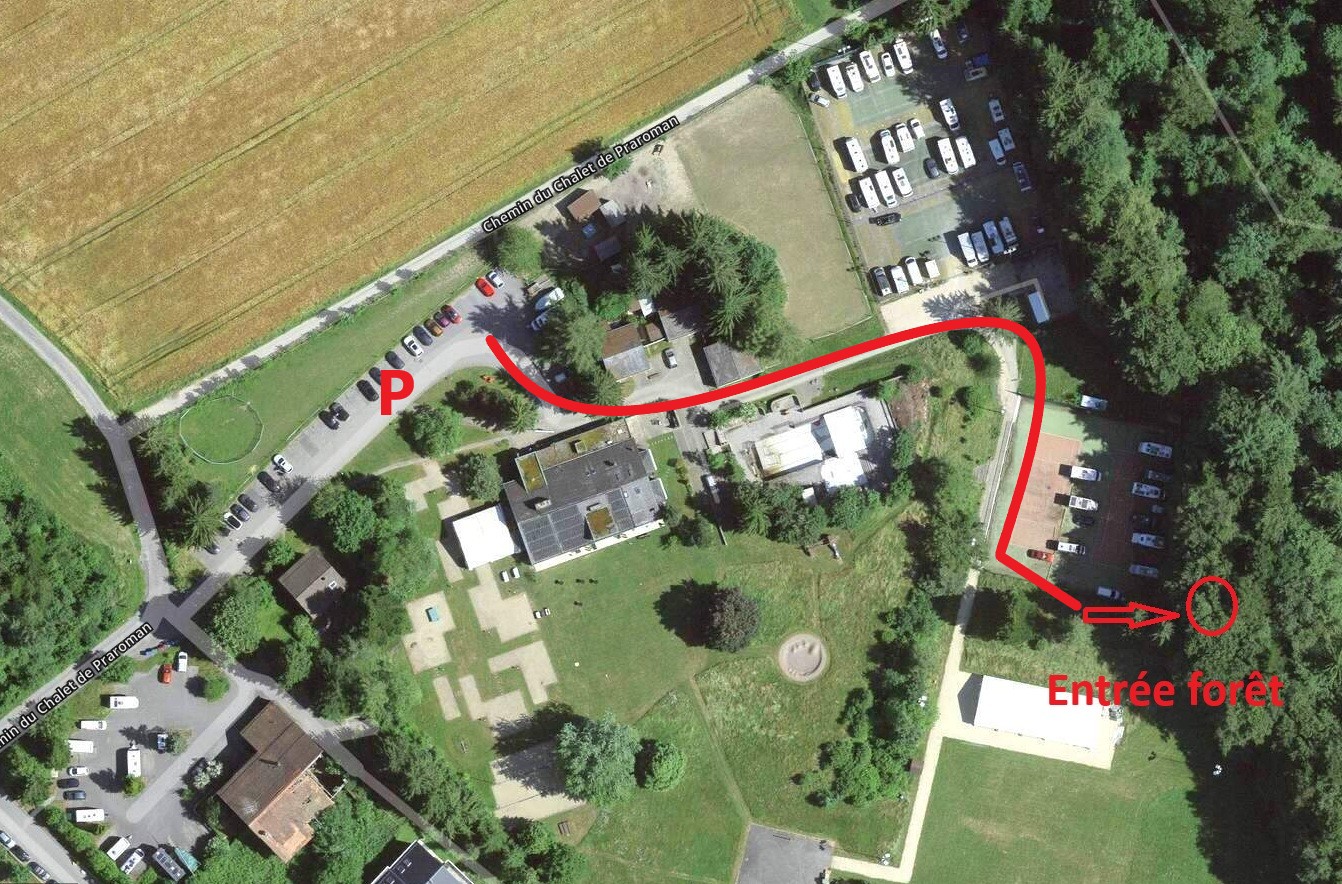 Plan d’accès au parking et à l’entrée de la forêt au Domaine de Pra-Roman